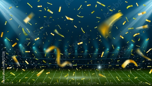 Football stadium with golden confetti. Landscape with american football field and arena lights. Sport game winner celebration vector concept