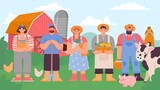 Farmers team. Cartoon agricultural man and woman with fresh product and farm animals. Rural landscape and agriculture workers vector concept