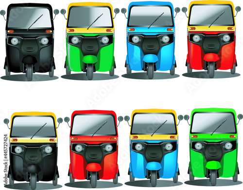 Indian Three Wheeler Auto Rickshaw Front View colors RED Blue Green Black and Yellow color pack