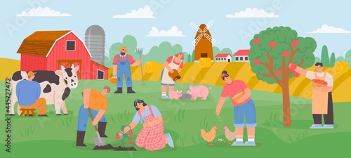 Farming landscape with workers. Countryside farmer community feed animals  milk cow and grow vegetables and fruits. Flat farm vector concept