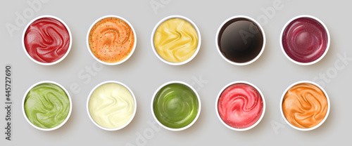 Dip sauces top view. Bowls with mayonnaise, tomato ketchup, mustard, pesto, curry and guacamole. Realistic spicy seasoning sauce vector set photo
