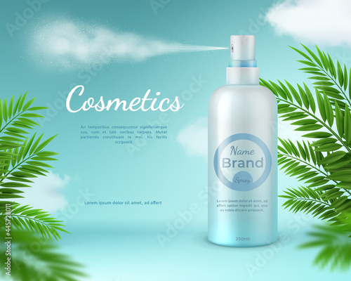 Cosmetic spray banner. Natural skincare product poster with tropical palm leaves and sky clouds. Realistic 3d sprayer bottle vector template