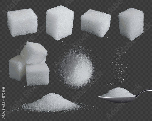 Realistic sugar. 3d glucose in cubes and powder. White grain sugar in spoon, pile top and side views. Sweet fructose seasoning vector set photo