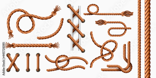 Realistic rope elements. Curved sailor jute ropes with loops and knots, hemp cord brushes and thread with tassel. Rope in holes vector set