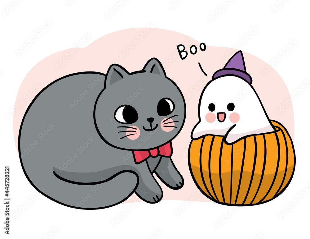 Cartoon cute hand draw black cat and little ghost in pumpkin, Halloween day vector.