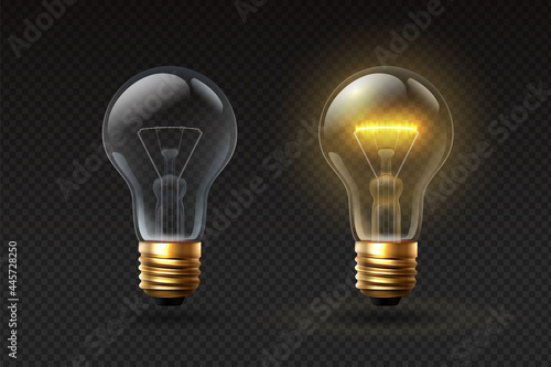 Realistic light bulb. On and off glass electric lightbulbs with filament. 3d lamp with glow effect. Creative or business idea vector concept