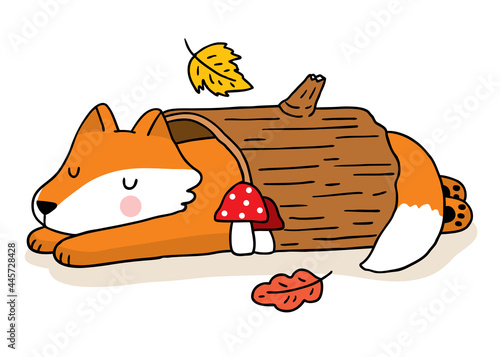 Cartoon cute hand draw fox sleep in log, Autumn vector.