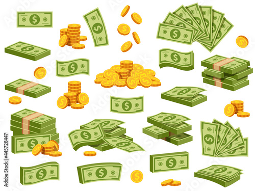 Cartoon banknotes and coins. Green dollar bill packs, bundles, stacks and piles. Flying banknote and falling gold coin. Bank cash vector set photo
