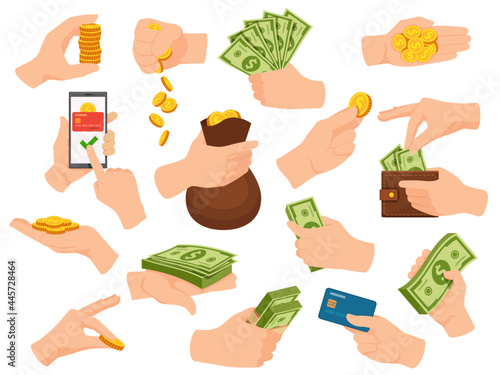 Hands hold cash. Human arm give money and pay in dollar bill banknotes, coin piles, card and phone app. Hand with wallet and bag vector set