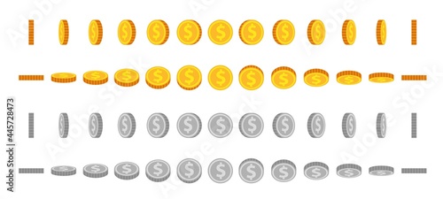 Cartoon coin animation sprites. Gold and silver coins flip and rotate. Round dollar for animated game. Money icon in angle view vector set
