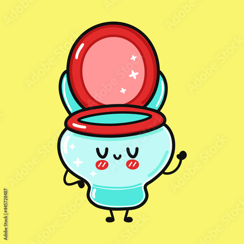 Cute funny toilet character. Vector hand drawn cartoon kawaii character illustration icon. Isolated on yellow background. Toilet character concept