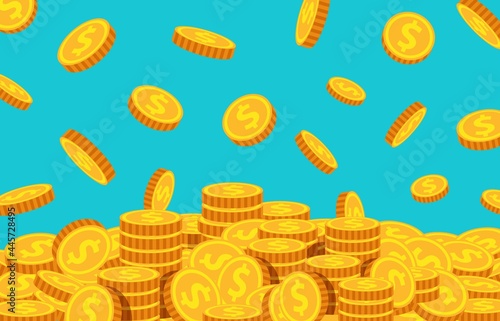 Cartoon coins falling. Gold dollar dropping, money rain background. Flying currency. Treasure, wealth or successful business vector concept
