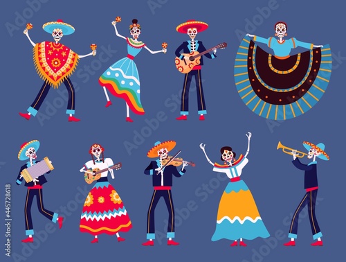 Day of dead skeletons. Mexican dia de los muertos skeleton dancers characters. Catrina, mariachi musicians skeletons with guitar vector set