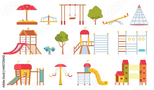 Playground equipment. Kids park carousels, swings and game modules with slides. Climbing wall and sandpit. Flat outdoor play area vector set photo