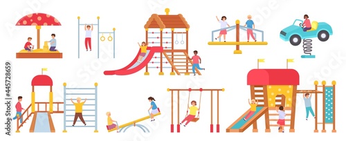 Children at playground equipment. Boys and girls playing in play house. Kids on swings, slide, carousel and sandbox. Kindergarten vector set photo