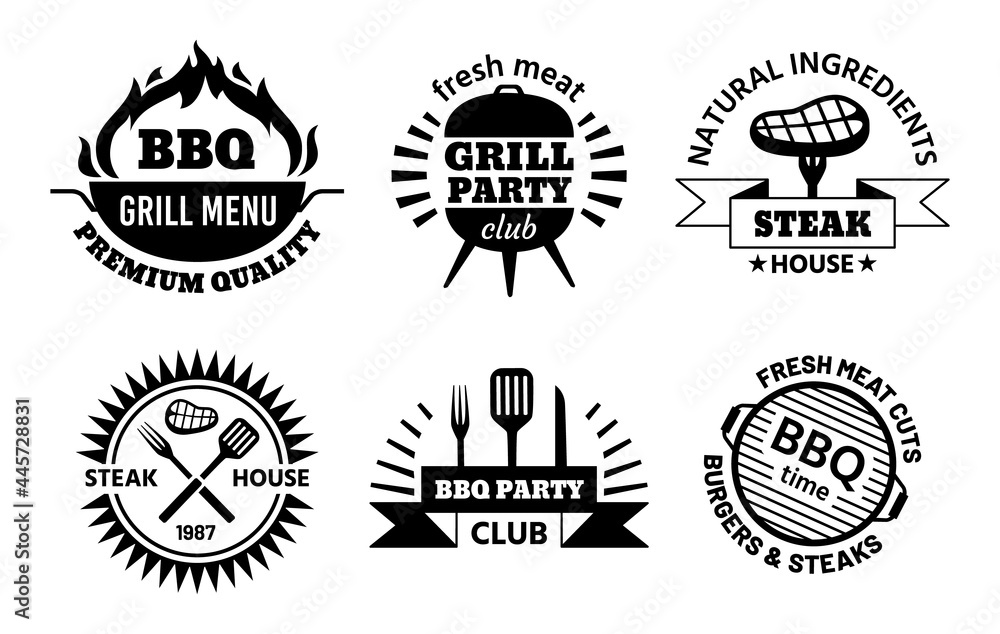 Bbq logo. Barbecue and steak house emblems for restaurant menu. Bbq club labels with hot grill, meat, sausage and cooking tools vector set Bbq logo. Barbecue and steak house emblems for restaurant menu. Bbq club labels with hot grill, meat, sausage and cooking tools vector set