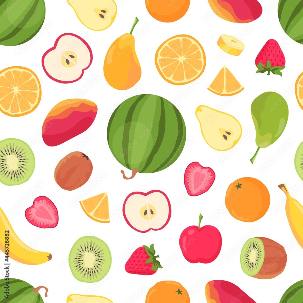 Fruits seamless pattern. Tropical citrus fruit and berry, banana, orange, watermelon, mango and strawberry. Summer tropic food vector print