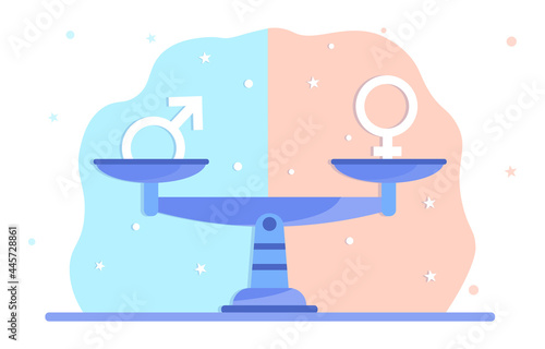 Gender equality in everything concept. The male and female signs on the scales balance each other. Equal rights for both sexes. Cartoon modern flat vector illustration isolated on a white background