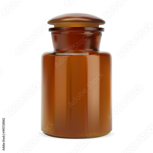 Apothecary poison bottle. Old glass stopper pharmacy jar. Brown glass antique medicine container. Aroma candle bottle vector illustration. Realistic amber pharmaceutical treatment jar