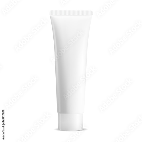 White cream tube. Thoothpaste package mockup blank. Cosmetic tube for gel or lotion. Realistic facial skin care cream bottle, plastic wrapper template, tall box illustration, glossy surface