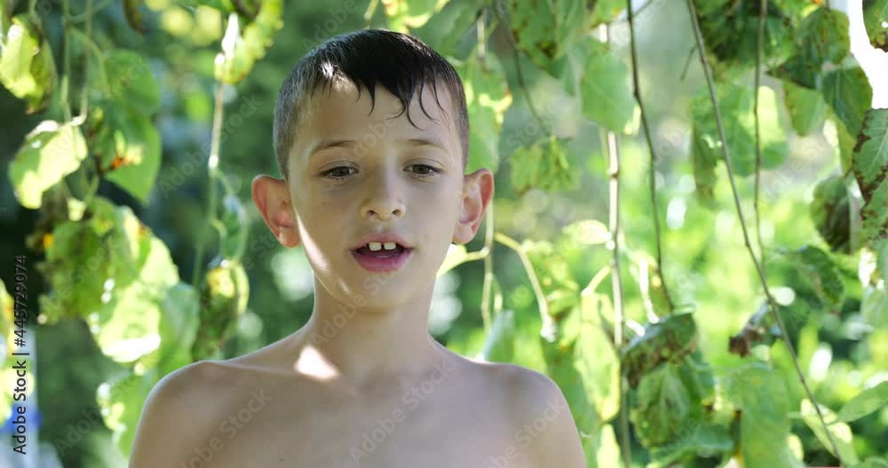 8 year old boy in the garden, talking to the camera, drying himself with a towel after swimming in the pool 8 year old boy in the garden, talking to the camera, drying himself with a towel after swimming in the pool