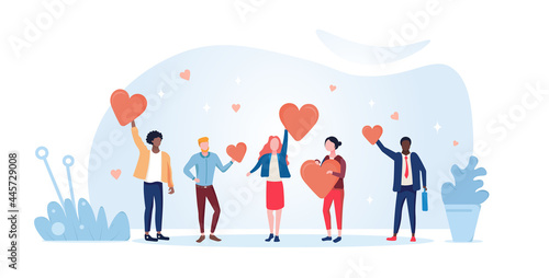 Concept of charity and donation. People hold hearts in their hands and give them to those in need. A metaphor of kindness and responsiveness. Cartoon flat vector illustration on a white background photo