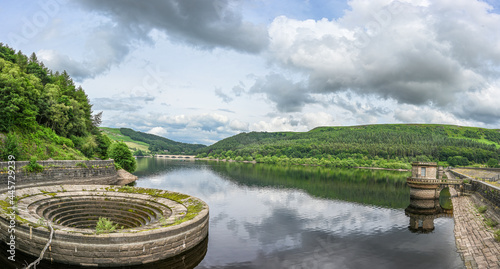 Panoramic photo of Ladybower reservoir with plug hole exposed