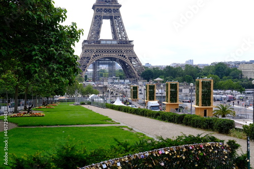 A close-up on the Eiffel Tower in summertime. Th 15th July 2021, Paris France.