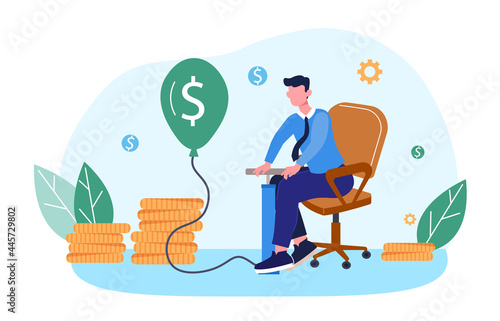 Investment bubble causing concept. Businessman sits in a chair and pumps air into ball with a dollar. Metaphor for the fall of the stock market. Cartoon flat vector illustration on a white background