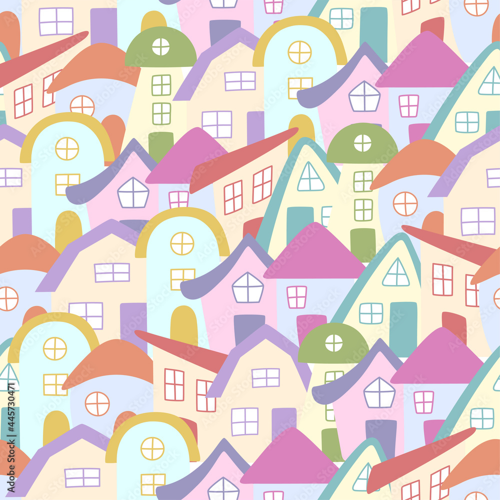 Seamless pattern of hand drawn colorful Houses. Houses in doodle style. Vector illustration.