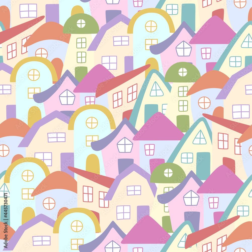 Seamless pattern of hand drawn colorful Houses. Houses in doodle style. Vector illustration. Seamless pattern of hand drawn colorful Houses. Houses in doodle style. Vector illustration.