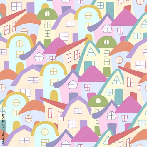 Seamless pattern of hand drawn colorful Houses. Houses in doodle style. Vector illustration. © Natali Illar