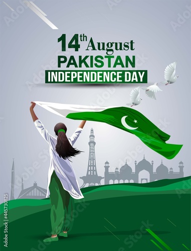 Pakistan Girl waving flag her hands. 14 August Happy Independence day celebration concept. can be used as poster or banner design. vector illustration design.