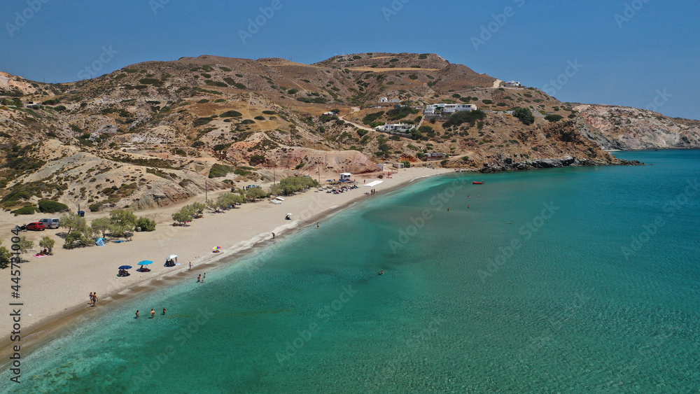Aerial drone photo of paradise sandy beach of Agia Kiriaki with emerald clear sea in South Milos island, Cyclades, Greece