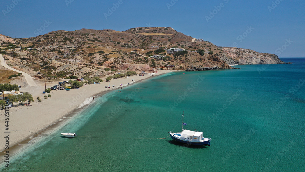 Obraz premium Aerial drone photo of paradise sandy beach of Agia Kiriaki with emerald clear sea in South Milos island, Cyclades, Greece