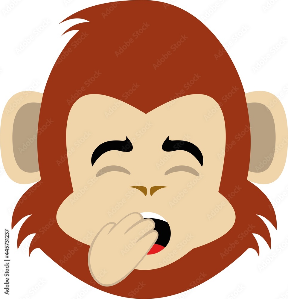 Fototapeta premium Vector emoticon illustration of the face of a cartoon monkey or chimp yawning with his hand in his mouth