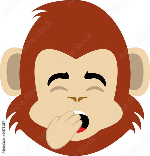 Vector emoticon illustration of the face of a cartoon monkey or chimp yawning with his hand in his mouth

