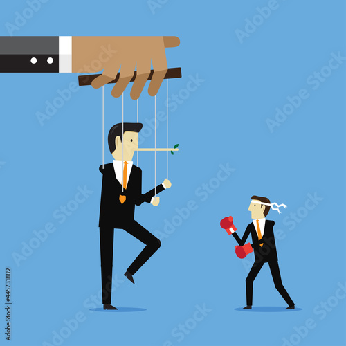 Businessman fights with puppets and nominis