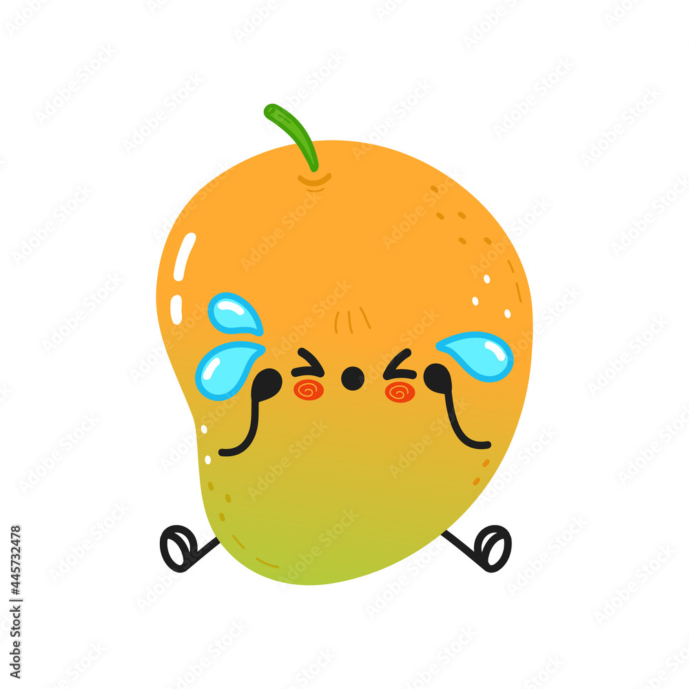 Obraz premium Cute sad and crying mango character. Vector hand drawn cartoon kawaii character illustration icon. Isolated on white background. Mango character concept