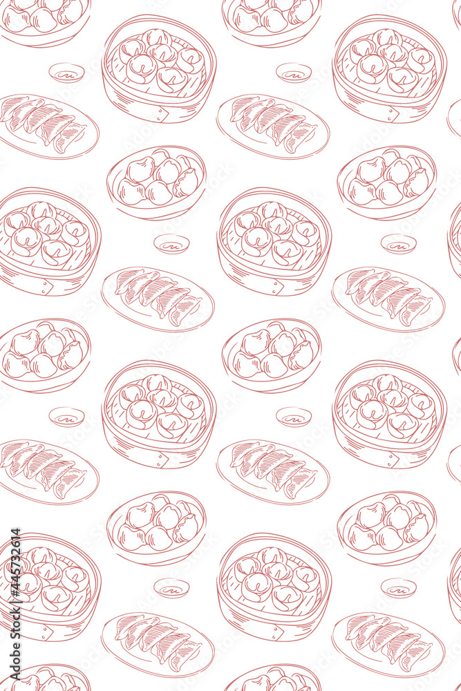 The seamless pattern design. The hand-drawn Asian traditional brunch meal Dim Sum by single color line. repeatable food background design. included dumplings and steamer.