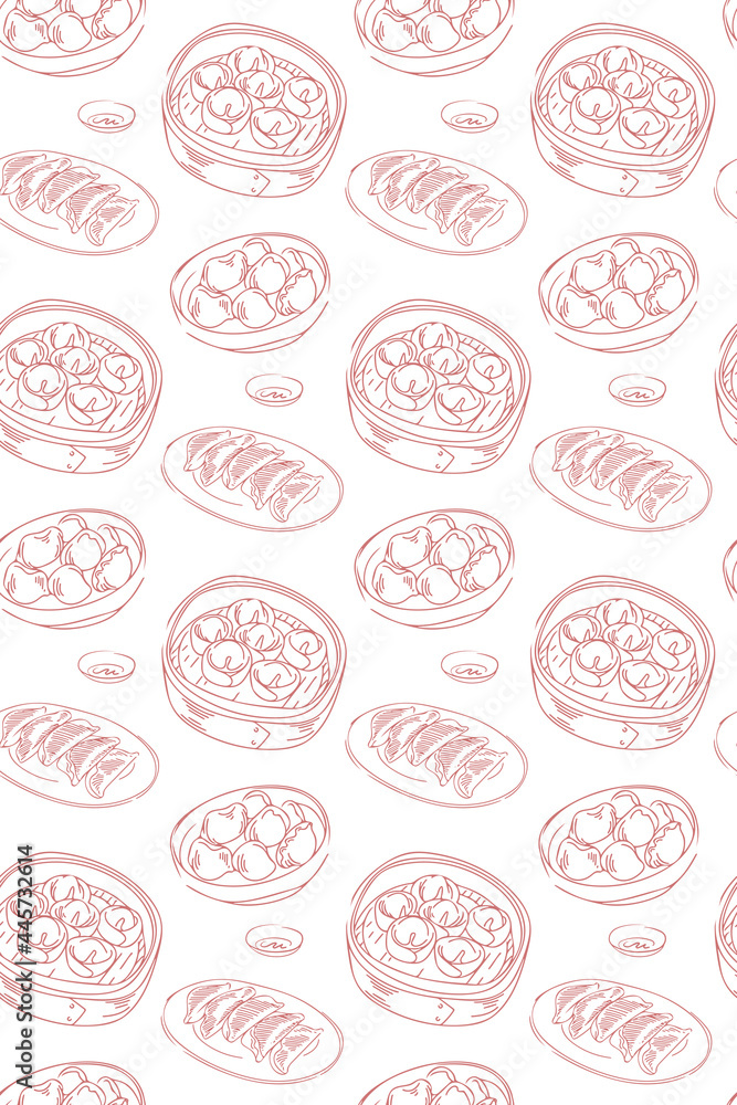 The seamless pattern design. The hand-drawn Asian traditional brunch meal Dim Sum by single color line. repeatable food background design. included dumplings and steamer. The seamless pattern design. The hand-drawn Asian traditional brunch meal Dim Sum by single color line. repeatable food background design. included dumplings and steamer.
