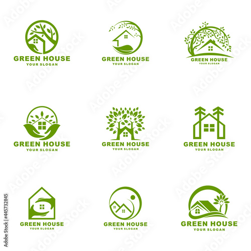 Green house and home leaf logo set vector icon illustration design	