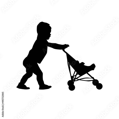 toddler with stroller, kid playing, vector silhouette isolated on white background