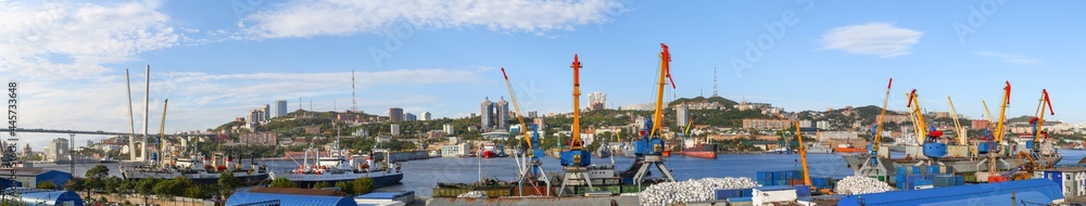 Russian city Vladivostok panoramic view on Golden Bridge and harbor