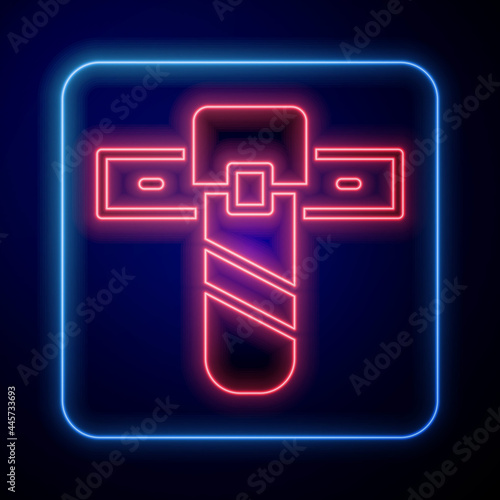 Glowing neon Knife holster icon isolated on blue background. Vector