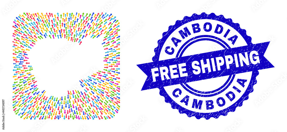 Vector mosaic Cambodia map of movement arrows and rubber Free Shipping seal. Mosaic Cambodia map constructed as subtraction from rounded square with navigation arrows. Vector mosaic Cambodia map of movement arrows and rubber Free Shipping seal. Mosaic Cambodia map constructed as subtraction from rounded square with navigation arrows.