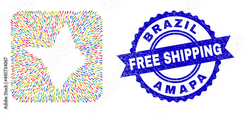 Vector mosaic Amapa state map of movement arrows and rubber Free Shipping seal stamp. Mosaic Amapa state map designed as carved shape from rounded square shape with emigration arrows.