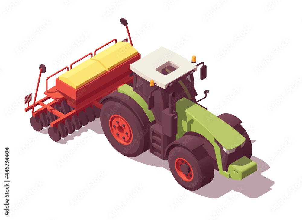 Isometric tractor with agricultural equipment set. Isolated low poly green tractor with red seeder on white backgroung. Vector illustrator. Collection Isometric tractor with agricultural equipment set. Isolated low poly green tractor with red seeder on white backgroung. Vector illustrator. Collection
