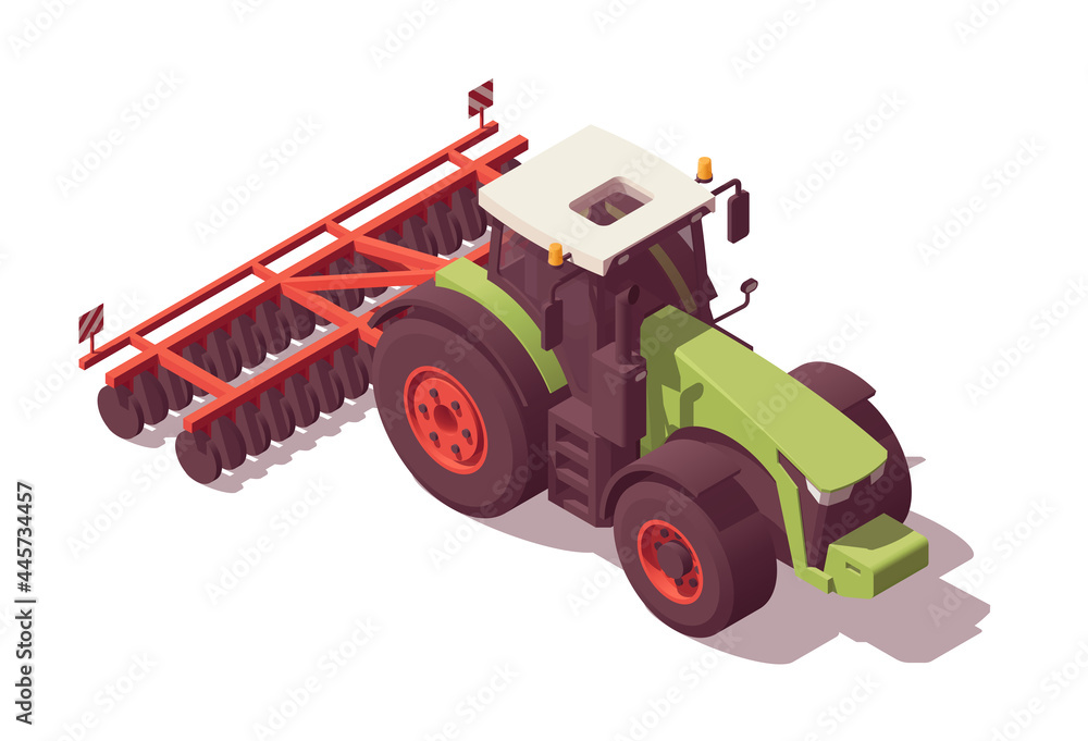 Isometric tractor with agricultural equipment set. Isolated low poly ...