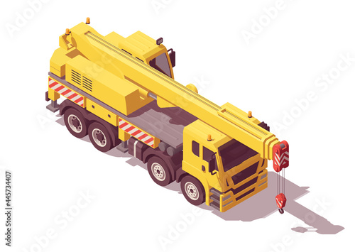 Isometric crane truck. Isolated low poly mobile crane on white backgroung. Vector illustrator. Collection photo